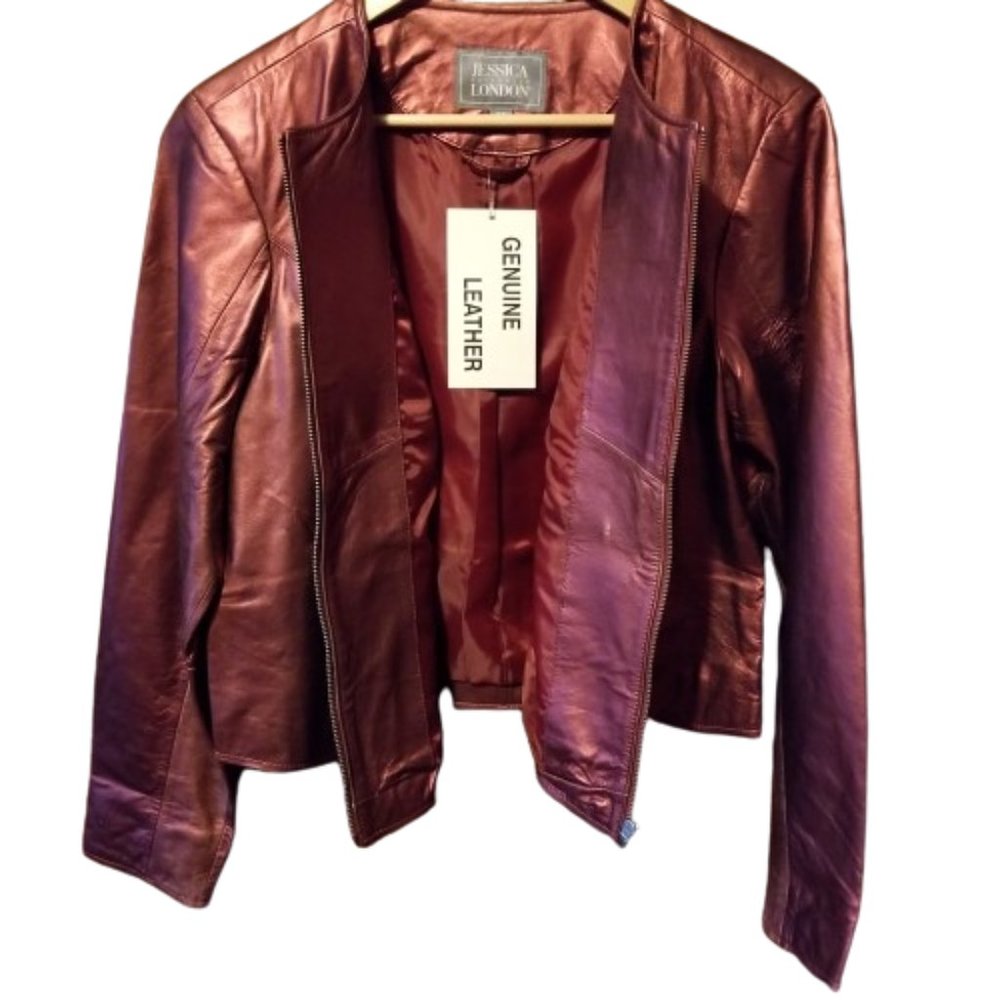 Jessica London wine metallic leather jacket NWT